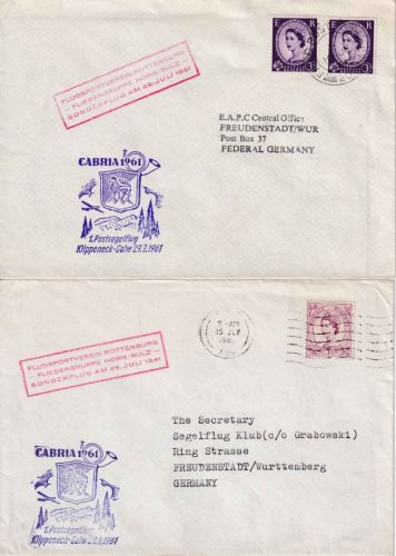 England - 1. Postsegelflug Klippeneck Calw 1961 2x Zuleitungspost Brit. Feldpost