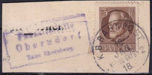 Bayern - Oberndorf T. Ebersberg Posthilfstellen-Ra3 Briefstück Bahnpost 1918