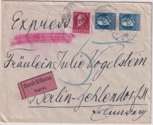 Bayern - 2x20+10 Pfg. Ludwig III. Eilbrief >20g Ebenhausen - Berlin 31.10.18