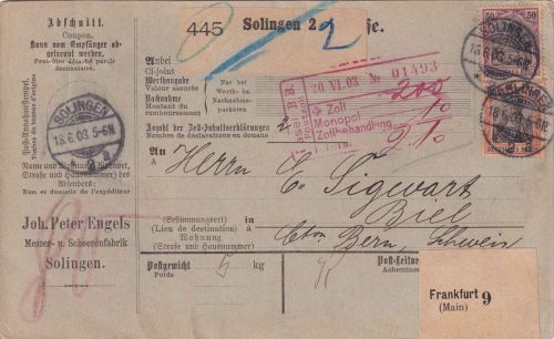 DR - 50+30 Pfg. Germania o.Wz. Paketkarte i.d. SCHWEIZ Solingen 2 - Biel 18.6.03