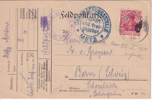 DR - 10 Pfg. Germania Feldpostkarte (Landwehr-IR No.25) i.d. SCHWEIZ 24.1.1916