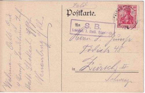 DR - 10 Pfg. Germania Feldpostkarte i.d. SCHWEIZ Neuenburg - Zürich 15.4.15