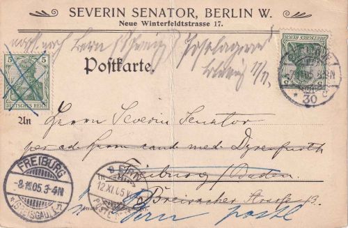 DR - 2x5 Pfg. Germania Nachsendekarte i.d. SCHWEIZ Berlin - Freiburg - Bern 1905