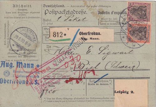 DR - 30+50 Pfg. Germania o.Wz. Paketkarte i.d. SCHWEIZ Oberfrohna - Biel 1903