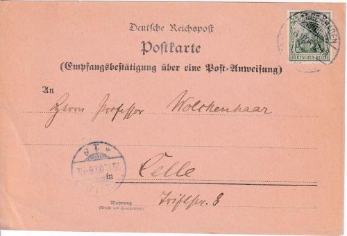 DR - 5 Pfg. Germania o.Wz. Empfangsbestätigung f. Postanweisung Langenhagen 1905
