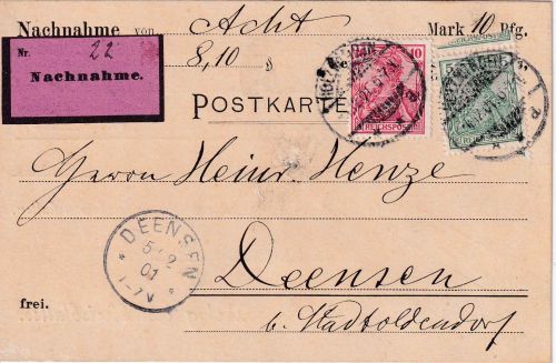 DR - 5+10 Pfg. Germania/Reichspost Nachnahmekarte Holzminden - Deensens 1901