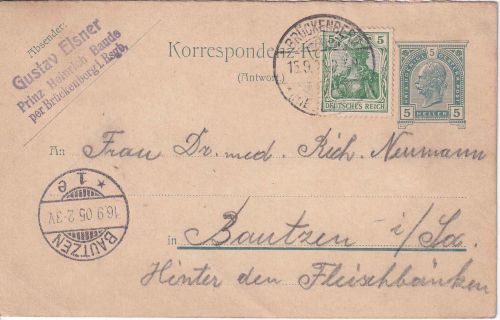 DR - 5 Pfg. Germania Karte (österr. Antwortganzsache) Brückenberg - Bautzen 1905