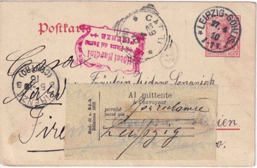 DR - 10 Pfg. Germania Ganzsache n. ITALIEN Leipzig-Gohlis 1910 Retouraufkleber