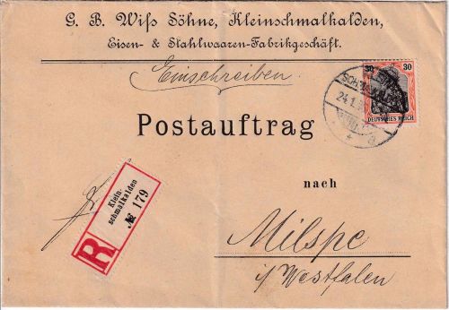 DR - 30 Pfg. Germania Einschreibebrief/Postauftrag Kleinschmalkalden 1916