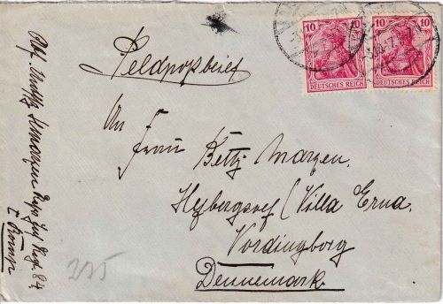 DR - 2x10 Pfg. Germania Feldpostbrief n. DÄNEMARK apt. Feldpoststpl. 3.10.17