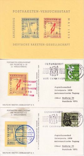 BRD - DRG Postrakete 1.+2. Versuchsreihe Vignettenblock + 2 Karten Cuxhaven 1959