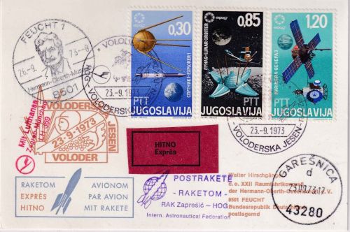 Jugoslawien - Postrakete Raketom RAK Zapresic HOG Expresskarte Voloder 1973