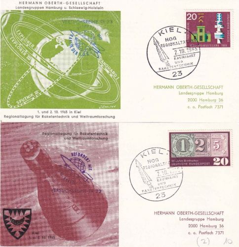 BRD - Kiel 1965 HOG-Versuchsreihe 22+23 - 2 illustr. Raketenpostkarten