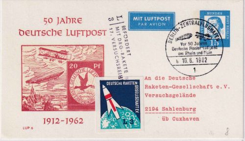 Berlin - 15 Pfg. Privatganzsache + Vignette Postversuchsrakete 17. VR 1962