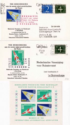 Niederlande - Europa 1/2 Raketenpost DRG - 2 Belege + Vignettenblock Venlo 1961
