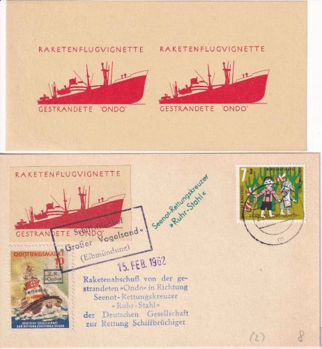 BRD - Cuxhaven 1962 Raketenpost DGzRS Ondo Karte u. Vigetten