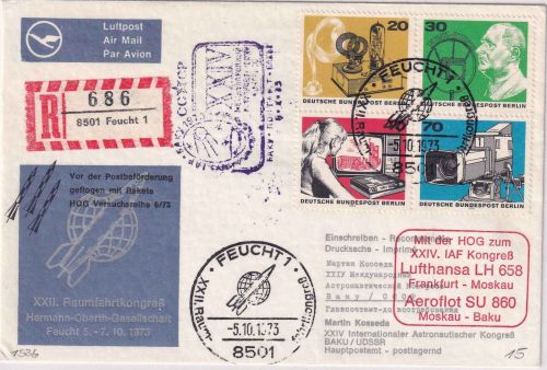 BRD - Raketenpost HOG Lupo-R-Brief Feucht - Baku/XII. Raumfahrtkongress 1973