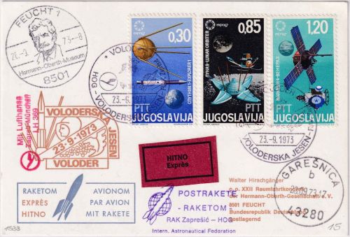 Jugoslawien - Postrakete Raketom RAK Zapresic HOG Expresskarte Voloder 1973