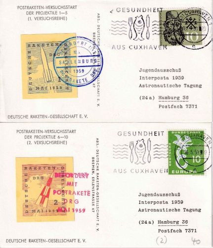 BRD - DRG 1.+2. Versuchsreihe Raketenpost 2 Karten m- Vignetten Cuxhaven 1959