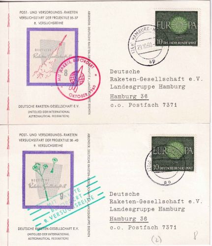 BRD - DRG 8.+9. Versuchsreihe Raketenpost 2 Karten m. Vignetten Hamburg 1960
