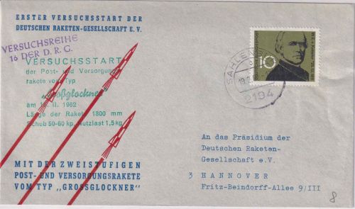 BRD - DRG 16. Versuchsreihe Raketenpost "Großglockner" Brief Saleburg 1962
