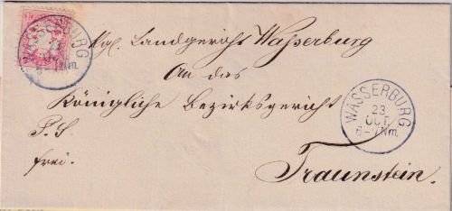 Bayern - 3 Kr. Wappen gez. Brief viol. K1 Wasserburg 23. OCT n. Traunstein