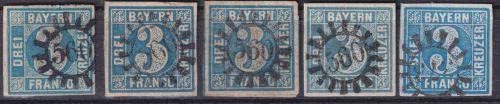 Bayern - Wasserburg 4x gMR 560, 1x gMR 373 3 Kr. Quadrat blau