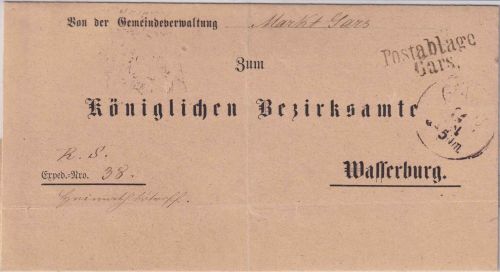 Bayern - Postablage Gars L2 Dienstbrief n. Wasserburg - ohne Inhalt
