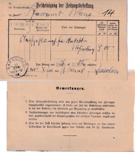 Bayern - Gars a. Inn 2 15. MÄR 20 Bescheinigung d. Zeitungsbestellung