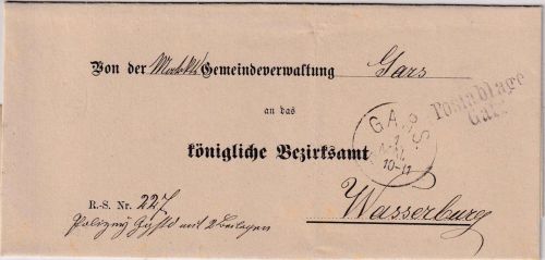 Bayern - Postablage Gars L2 Dienstbrief n. Wasserburg - ohne Inhalt