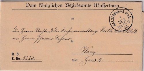Bayern - Wasserburg 1. DEZ 97 K1 Dienstbrief n. Wang - mit Inhalt (!)