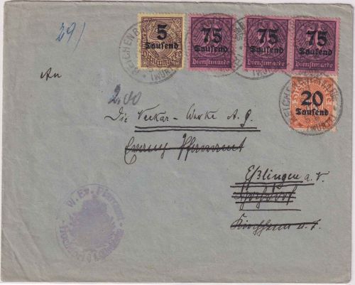 DR-Infla - 3x75 Tsd./50M. ua Dienstbrief Reichenbach a/Fils - Esslingen 27.10.23