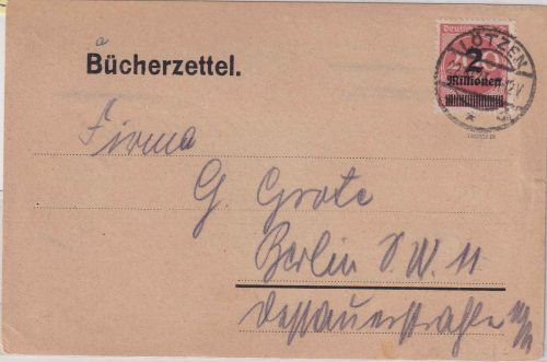 DR-Infla - 2 Mio./200 M. Ziffer Bücherzettel Lötzen - Berlin 22.10.23