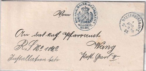 Bayern - Wasserburg a. Inn K1 Dienstbrief n. Wang Post Gars II 1903