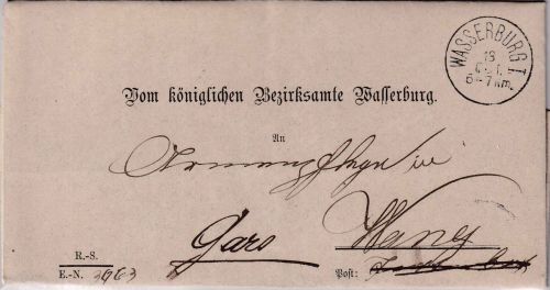 Bayern - Wasserburg a. Inn 13. OCT K1 Dienstbrief n. Wang Post Gars 1883