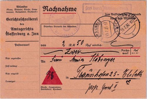 Bayern - Wasserburg 1936 Nachnahmekarte/Frei d. Ablösung n. Traunhofen P. Gars