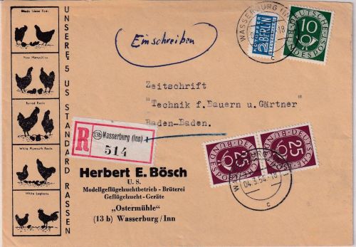 BRD - 2x25+10 Pfg. Posthorn illustr. Einschreibebrief Wasserburg 1954