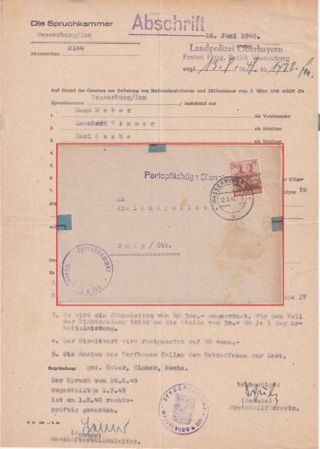 Bizone - 24 Pfg. Arbeiter/Band Dienstsache (Spruchkammer) Wasserburg 12.8.48