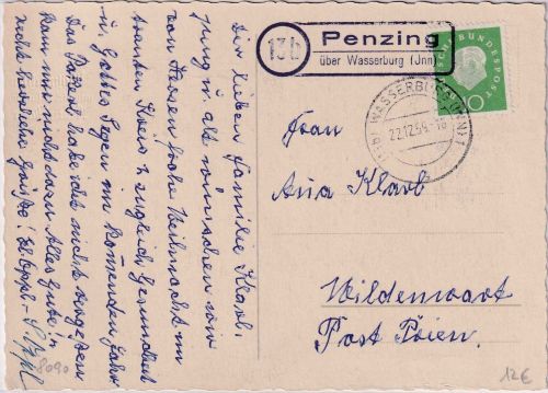 BRD - (13b) Penzing ü. Wasserburg (Inn) Landpost-Ra2 Karte n. Wildenwart 1959