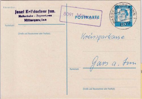 BRD - 8091 Mittergars Poststelle I Ra1 15 Pfg. Ganzsachenkarte n. Gars 1964