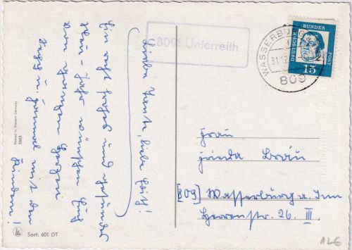 BRD - 8091 Unterreith Poststelle I Ra1 Karte Wasserburg 1963