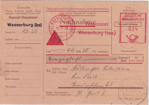 BRD - Wasserburg 1953 34 Pfg. AFS Finanzamt Nachnahmedrucksachenkarte