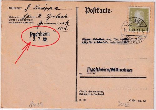 DR - Puchheim 13.7.32 prov. Ank.stpl. (L2) Karte v. Essen-Borbeck 11.7.32