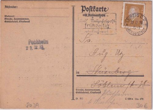 DR - Puchheim 22.12.31 prov. Ank.stpl. (L2) Drucksachenkarte v. Leipzig 22.12.31
