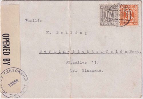 AM-Post - 8+4 Pfg. amerik. Druck Zensurbrief Gauting Berlin-Lichterfelde 13.1.46