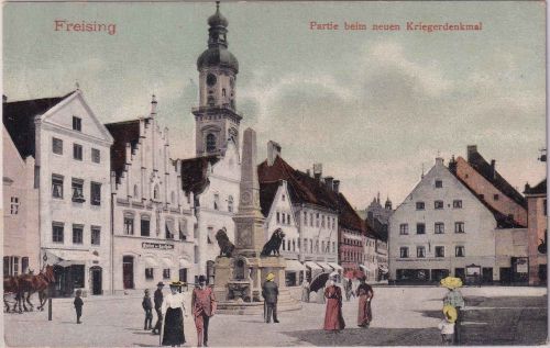 Bayern - Freising Kriegerdenkmal u. Pfarrkirche farb. AK 1913