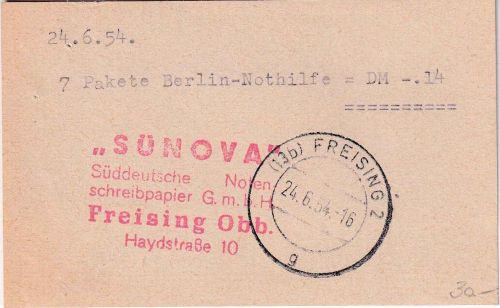 BRD - Freising 24.6.54 Notopfer-Provisorium Gebührenzettel f. 7 Pakete