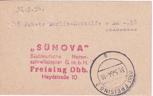 BRD - Freising 31.5.54 Notopfer-Provisorium Gebührenzettel f. 8 Pakete