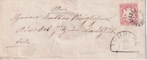 Bayern - 3 Kr. Wappen geschn. Brief gMR 546 Vohburg - Landshut 1868
