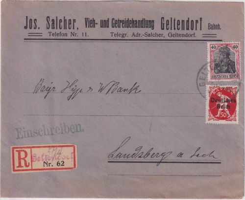 DR-Infla - 50 Pfg. By-Abschied/DR u.a. Einschreibebrief Geltendorf 1920